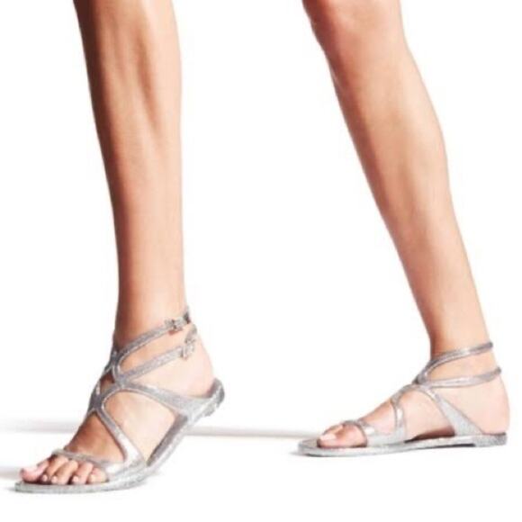 NEW JIMMY CHOO Lance Jelly Gladiator Silver Sparkle Double Strap Sandals 40 10 - Picture 5 of 15